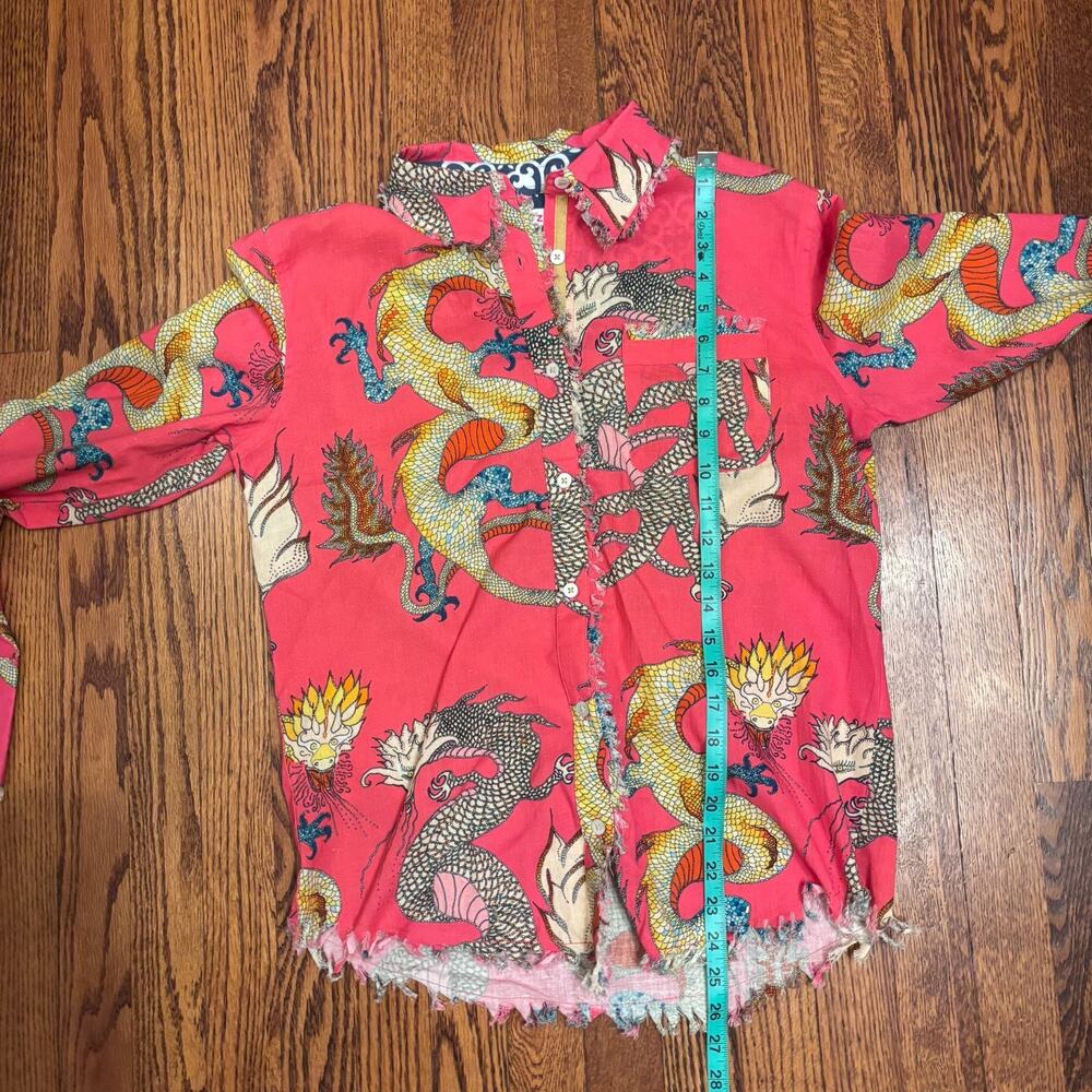 Dizzy Lizzie Tizzie Dragon Button Up Shirt Pink Raw Hem Size Medium Cotton Linen - Picture 6 of 6